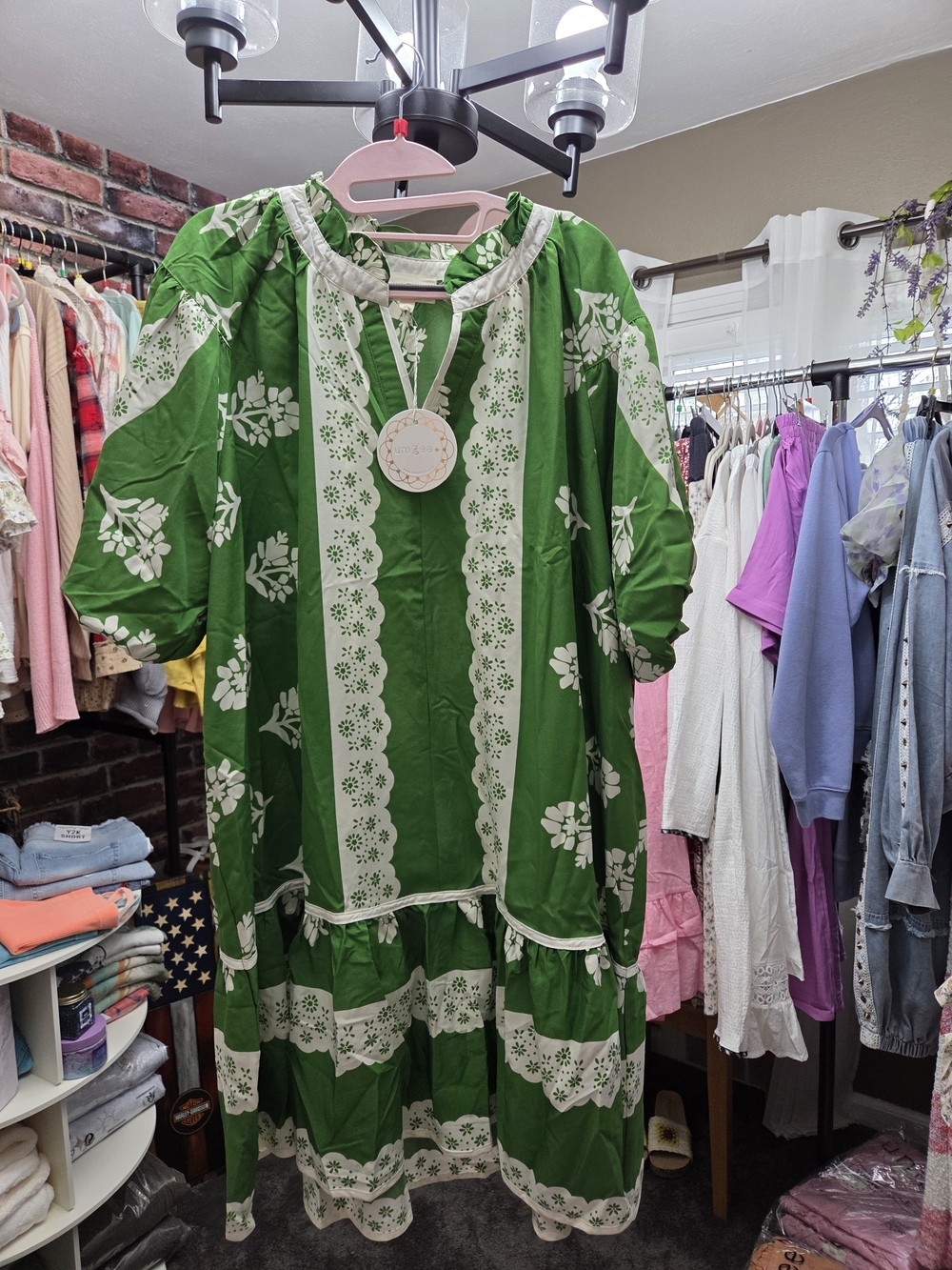 Umgee Green and White Floral Boho Tiered Dress